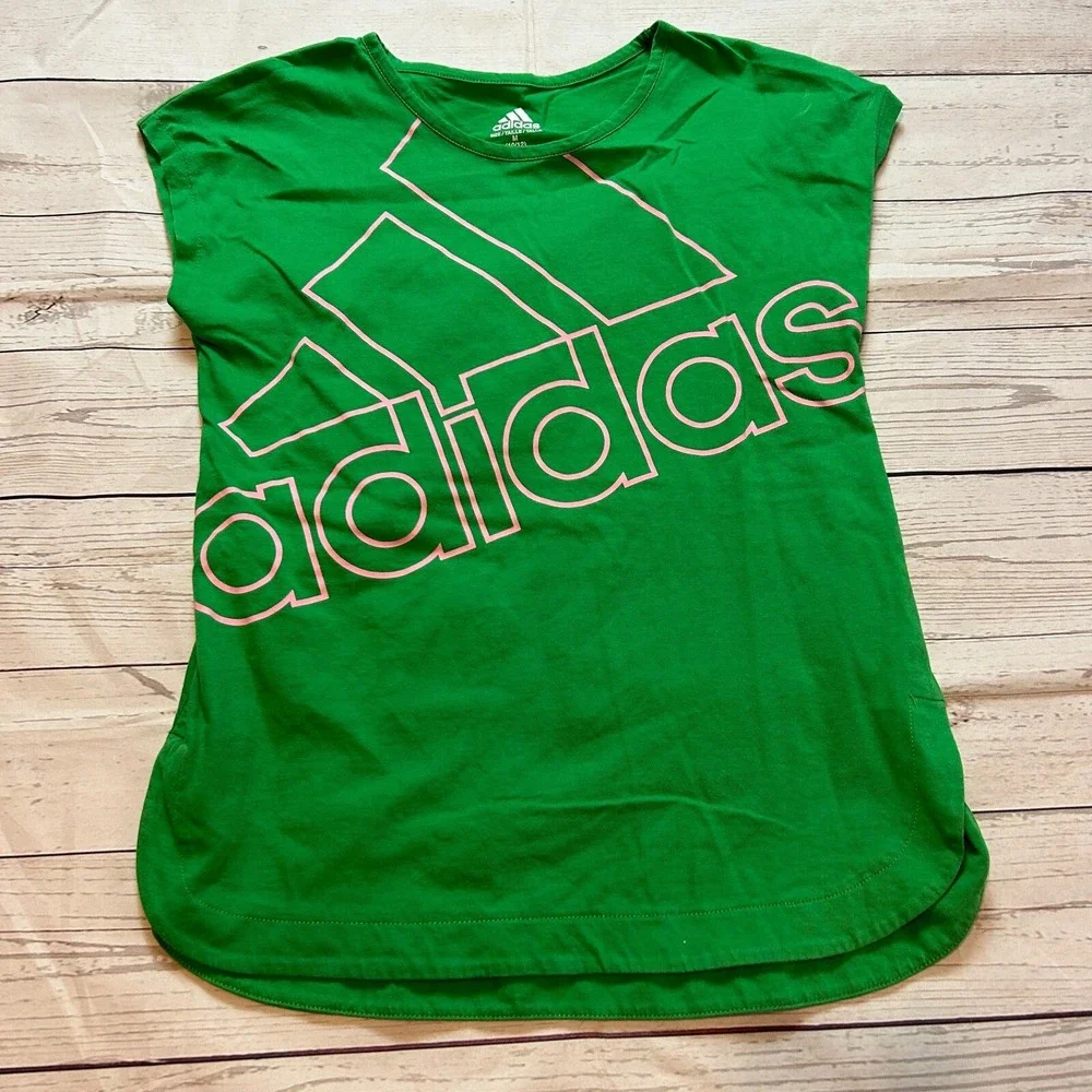 Adidas Short Sleeve‎ Cotton Green Tee Shirt With Pink Logo Girls Size M 10/12